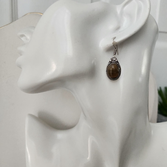 925 Silver Plated 20" Chain Necklace Matching Earrings with Tiger Eye Stones - Picture 9 of 9